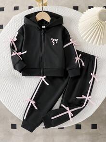 SHEIN Genkimix Kids 女童外套套裝，女孩春秋甜酷風蝴蝶結套裝，寬鬆連帽衛衣 + 運動長褲 2 件套，女童春季穿搭，休閒運動套裝，適合日常穿著、居家、學校、公園、週末出遊、運動、購物等多種場合 - 黑色 - 查看 1
