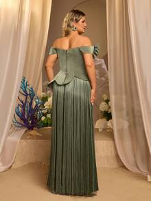 Glamrae Plus Size Elegant Formal Sage Green Off-Shoulder 3D Flower Mesh Extra Long Asymmetrical Satin Patchwork Tassel Mermaid Evening Gown Wedding Dinner - Green - View 4