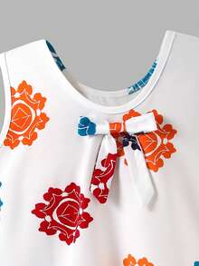 SHEIN Elladie kids 2件/組 女童春夏季新款休閒通勤編織圖案印花V領無袖寬鬆背心上衣與收腰編織寬鬆長褲，日常休閒外出兩件套 - 白色 - 查看 8