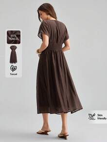 Ontre Lyocell Fabric Women's Comfortable V-Neck Slightly Wide Design Cinched Waist Full Skirt Vacation Elegant Tea Party Summer Dark Brown - Brown - View 3