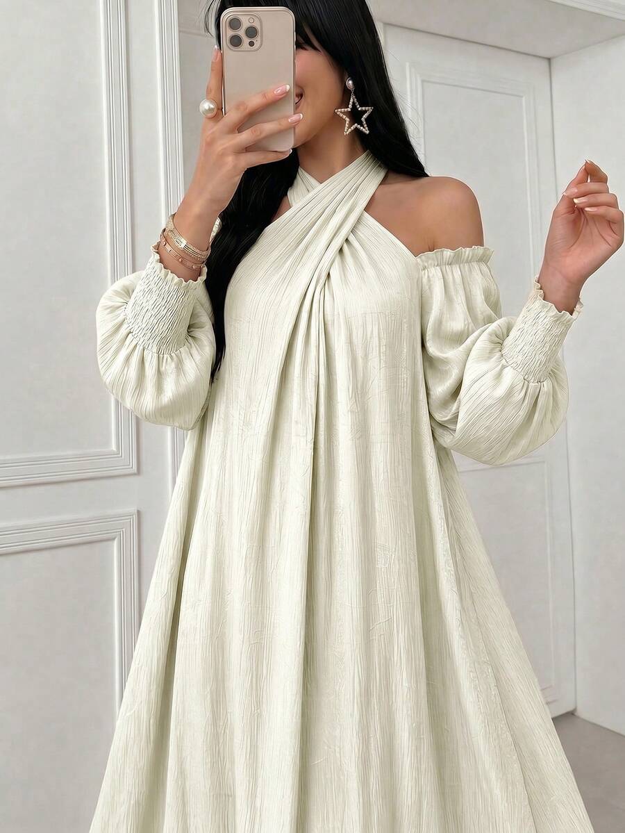 Yasmyna 女款春夏季粉色長袖交叉扭結掛脖收腰A字優雅浪漫阿拉伯風洋裝 - 杏色 - 查看 1