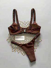 Swim Mod Women's Spring/Summer Solid Color Thick Strap Ruched High Cut Sexy Bikini Set - Brown - View 2