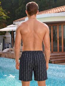 Manfinity Swimmode Celana Pendek Pantai Pria Motif Cetak Seluruh Permukaan dengan Tali Serut di Pinggang dan Kantong, Cocok untuk Liburan / Pantai / Hawaii / Tropis / Berenang / Mandi - Hitam dan Putih - View 2