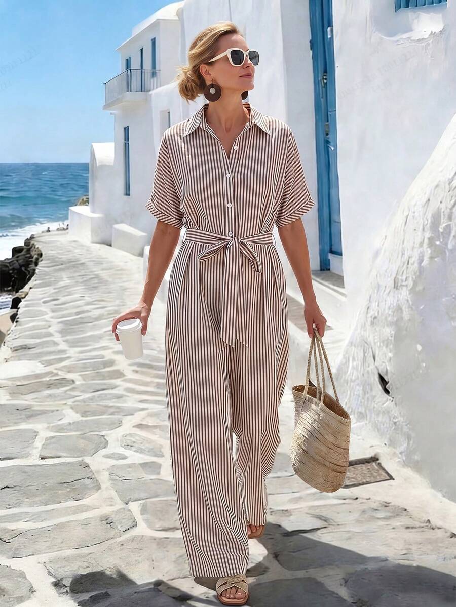 Faunlyn Women's Casual Striped Short-Sleeve Pocket Jumpsuit
