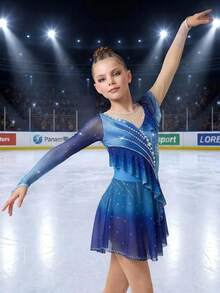Tween Girl Rhinestone Ruffle Sports Dress Group Competitions, Individual Training, Etc., Autumn Winter, Fall, Back To School, Tennis, Dance, Active - Multicolor - View 7