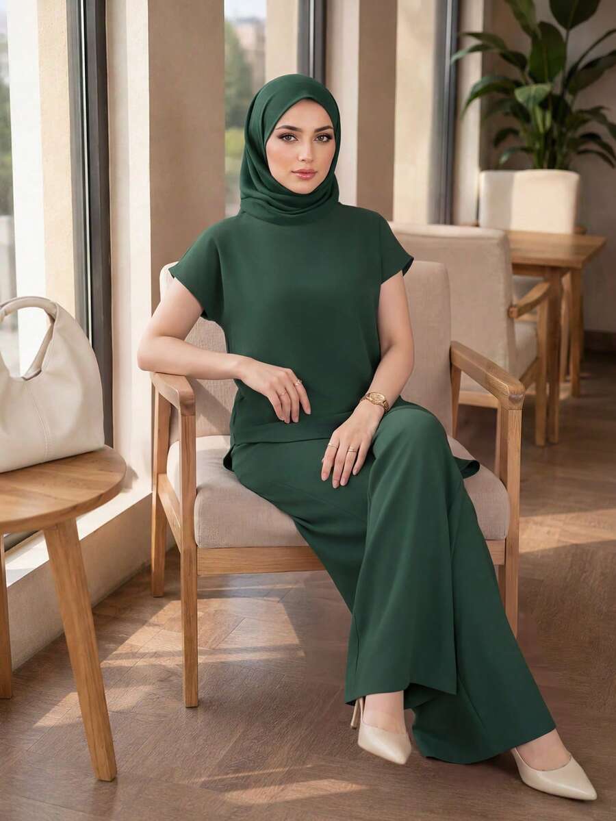 Auveirra 2025 New Plus Size Women Dark Green Solid Loose Asymmetric Hem Elegant Blouse Winter Valentine's Day New Year Party Green Wedding Guest Batwing Sleeve Top Fall Women Green Elegant Top - Dark Green - View 1