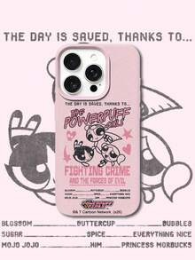 THE POWERPUFF GIRLS X SHEIN The Powerpuff Girls 全三角色復古做舊飛行圖案星星愛心反派名單標語字母元素皮革紋粉色親膚防震防摔手機保護殼，適用於 Apple iPhone 13/14/15/15Pro/16/16Pro/17Pro，熱銷日常美學保護殼 - 彩色 - 查看 3