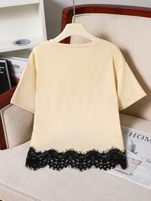 Tween Girls T-Shirt, Round Neck T-Shirt With Lace Trim Hem, Casual Versatile Comfortable, Perfect For Daily, Outings, School And Other Occasions - Apricot - View 2