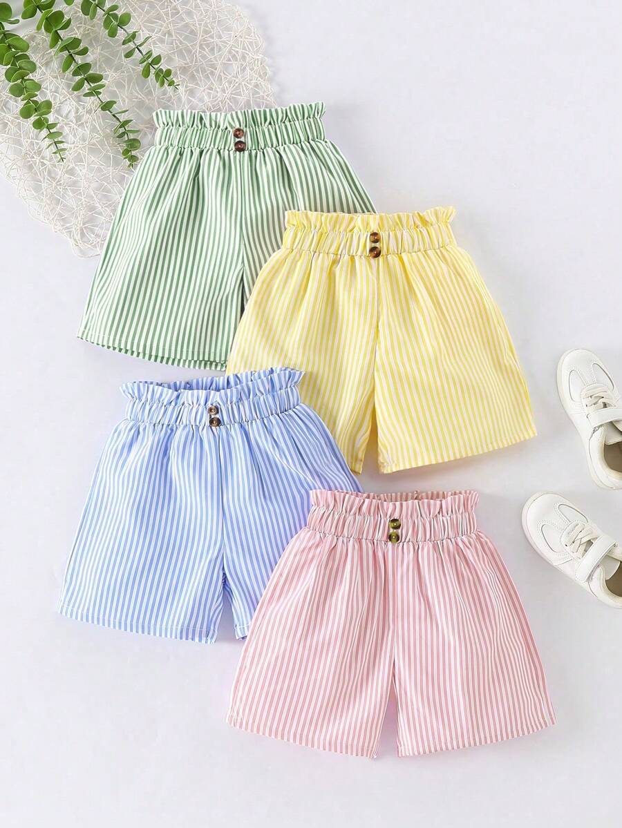 SHEIN Elladie kids 女童簡約百搭休閒條紋四件組短褲夏季女童褲童裝夏季短褲 - 彩色 - 查看 1