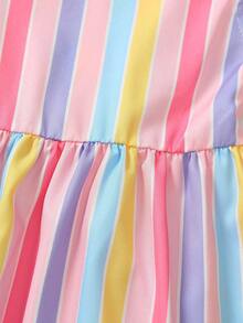 Vestido casual de moda para niñas con estampado floral elegante, cuello redondo, mangas volantes, abertura en la espalda, lazo 3D, cintura definida y dobladillo con volantes, adecuado para vacaciones y viajes, vestido de verano para niñas - Multicolor - Ver 5