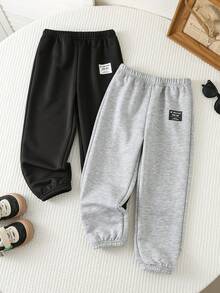 SHEIN 2 piezas Pantalones largos holgados bordados cómodos y casuales para uso diario para niños y jóvenes, Compra 1 y Llévate 1 Gratis, Ropa de invierno para niños, Ropa de otoño, Negro, Caqui, Chándal, Adecuado para la escuela, el jardín, la playa, el cumpleaños, las estaciones de otoño e invierno - Multicolor - Ver 5