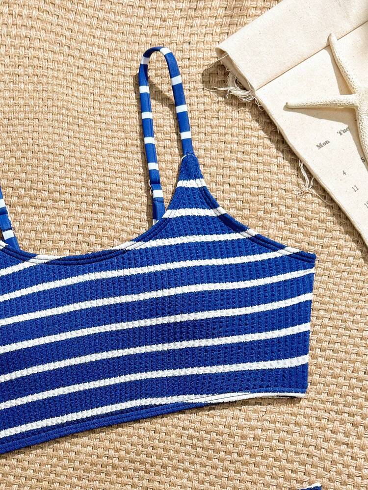 SHEIN 海軍藍與白色紋理面料女孩泳裝套裝，休閒度假風，適合海灘、夏季假期、游泳、派對、聚會 - 彩色 - 查看 3