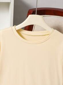 Tween Girls T-Shirt, Round Neck T-Shirt With Lace Trim Hem, Casual Versatile Comfortable, Perfect For Daily, Outings, School And Other Occasions - Apricot - View 3