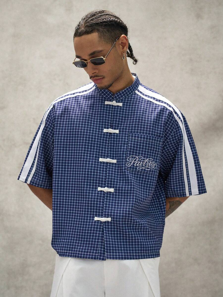 PAVTROS Men's Navy Blue Plaid Chinese Frog Button Boxy Cropped Short Sleeve Shirt,Side Stripes Embroidery Streetwear Summer Vacation Gift For Him - Navy Blue - View 1