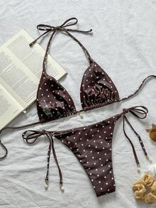 Swim Vcay 女款夏季海灘波點印花掛脖綁帶性感時尚比基尼兩件式泳衣套裝 - 彩色 - 查看 3
