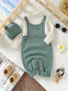 SHEIN 嬰兒(男嬰)吊帶毛衣連身褲 淺藍色針織爬行連身衣 適合新生兒 - 墨綠色 - 查看 8