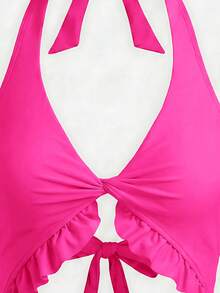 Swim Mod Damen einfarbiger Twist-Cut Out-Design Schnürung Rückenfrei Neckholder Einteiler Badeanzug - Heißes Pink - Übersicht 4