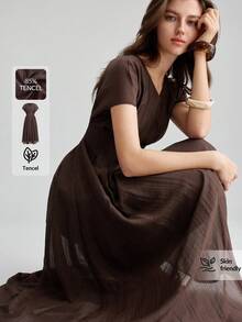 Ontre Lyocell Fabric Women's Comfortable V-Neck Slightly Wide Design Cinched Waist Full Skirt Vacation Elegant Tea Party Summer Dark Brown - Brown - View 2