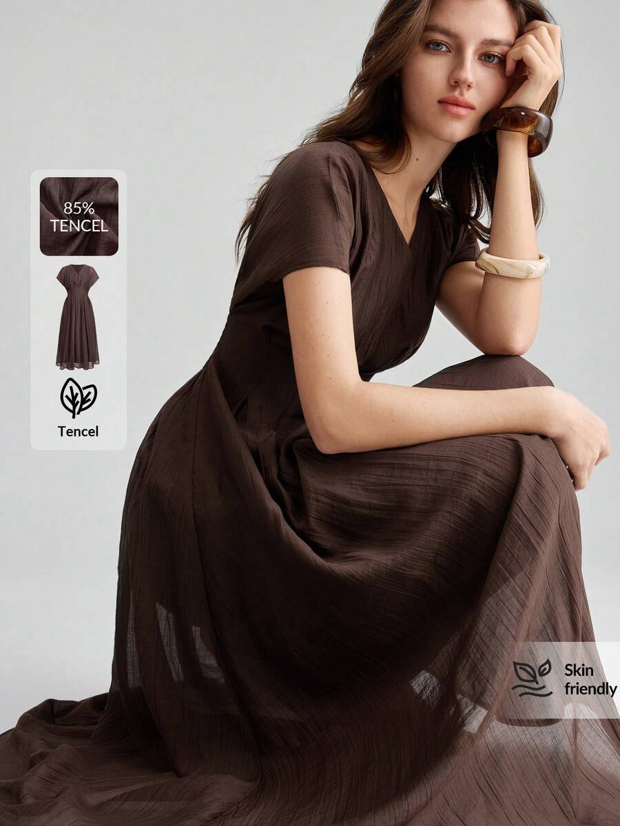 Ontre Lyocell Fabric Women's Comfortable V-Neck Slightly Wide Design Cinched Waist Full Skirt Vacation Elegant Tea Party Summer Dark Brown