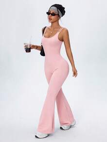 SHEIN Sports Jumpsuit Olahraga Wanita Manis Polos Seksi Model Mengembang - Baby Pink - View 3