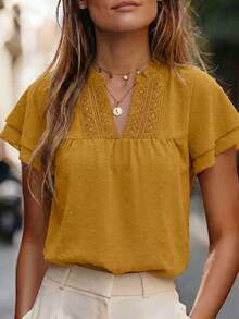 Ceyna Plus Size Women Boho Embroidered V Neck Blouse, Swiss Dot Ruffle Short Sleeve Shirt, Loose Fit Curvy Figure Casual Mustard Yellow Top Summer - Yellow - View 4