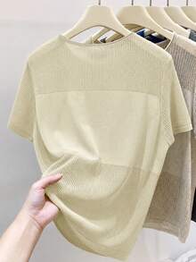 EMERY ROSE Top de punto holgado de talla grande para mujer, estilo casual de primavera/otoño: simple, versátil y transpirable. Con panel de malla, cuello redondo y manga corta, perfecto para primavera y otoño - Albaricoque - Ver 2