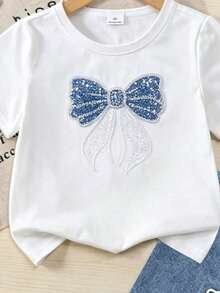 SHEIN Elladie kids 女童2件組春夏套裝，圓領針織T恤與牛仔裙褲，刺繡與撞色工藝，休閒可愛櫻桃刺繡設計，短袖短褲套裝 - 白色 - 查看 9