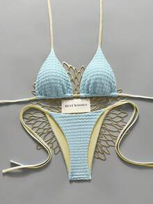 Swim Mod 2026 Spring/Summer Yellow & Blue Colorblock Thin Strap Halter Neck High Cut Side Tie String Bikini Set 2pcs Sweet Vacation Swimsuit For Women - Multicolor - View 3