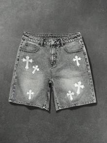 Manfinity EMRG Shorts de mezclilla gris lavada con cruz estilo hip hop callejero gótico para hombre - Gris - Ver 1