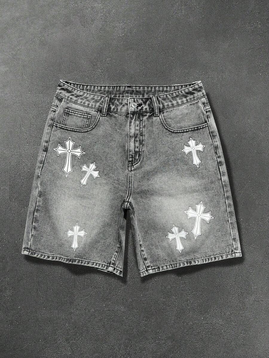 Manfinity EMRG Shorts de mezclilla gris lavada con cruz estilo hip hop callejero gótico para hombre - Gris - Ver 1