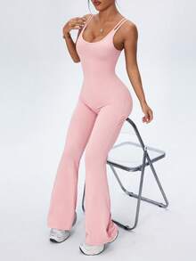 SHEIN Sports Jumpsuit Olahraga Wanita Manis Polos Seksi Model Mengembang - Baby Pink - View 5