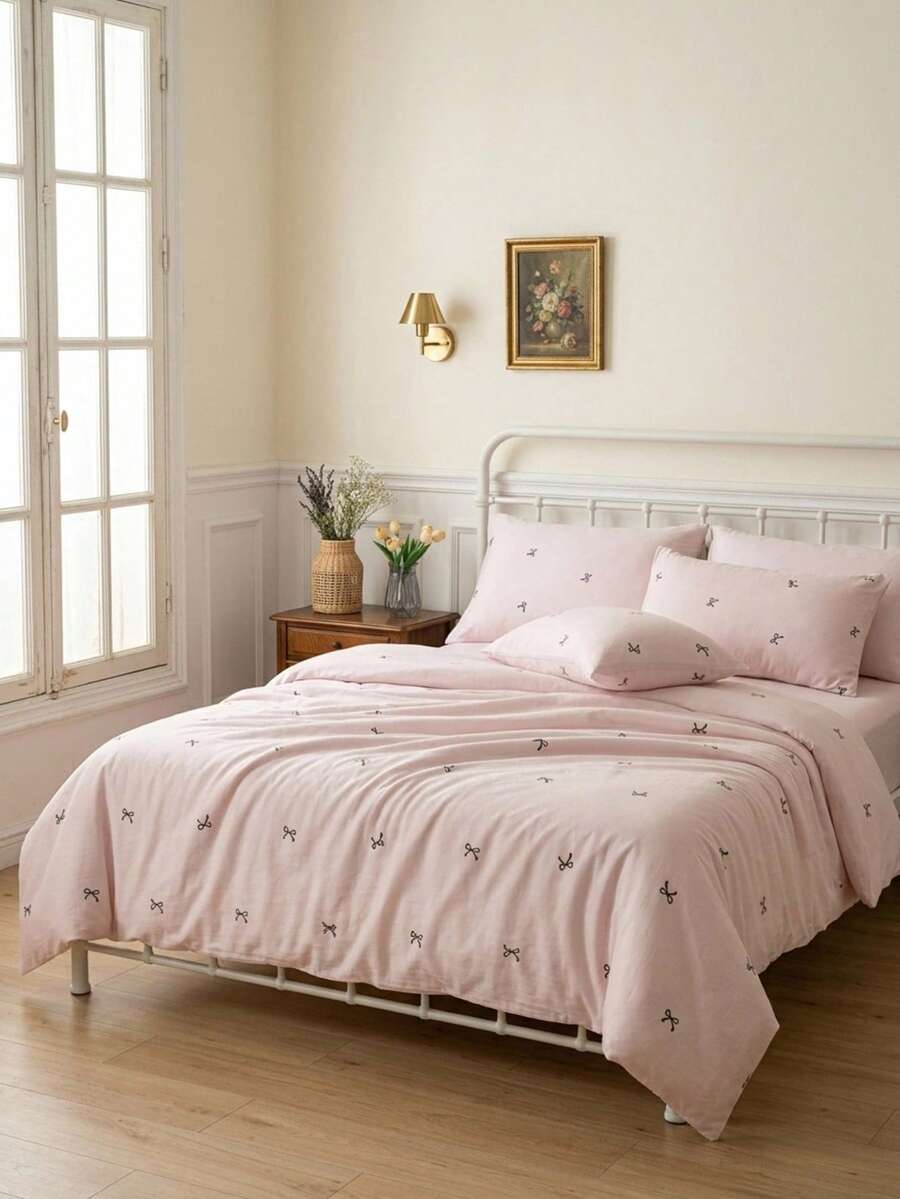 Cirelle Bộ 3 món vỏ chăn lụa băng mùa hè, 100% polyester, mềm mịn & thoải mái với họa tiết nơ bao gồm: 1 vỏ chăn + 2 vỏ gối (không bao gồm ga giường và ruột chăn) - Bột nơ bướm - Xem 1