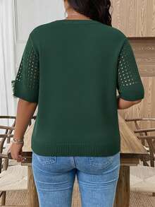 EMERY ROSE Plus Size Casual Hollow Out Round Neck Short Sleeve Top Going Out Tops - Dark Green - View 2