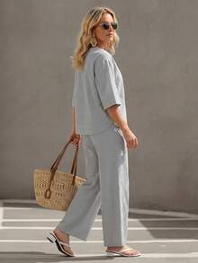 Faunlyn Conjunto de 2 piezas de top y pantalones a rayas casual para vacaciones de mujer - Multicolor - Ver 3
