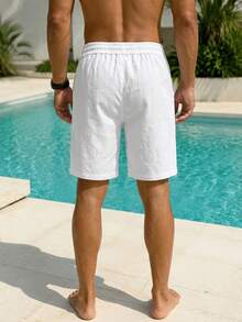 VIVINTIMO Pantalones cortos de playa de unicolor con cordón en la cintura y bolsillos para hombres, para vacaciones y días festivos - Blanco - Ver 2
