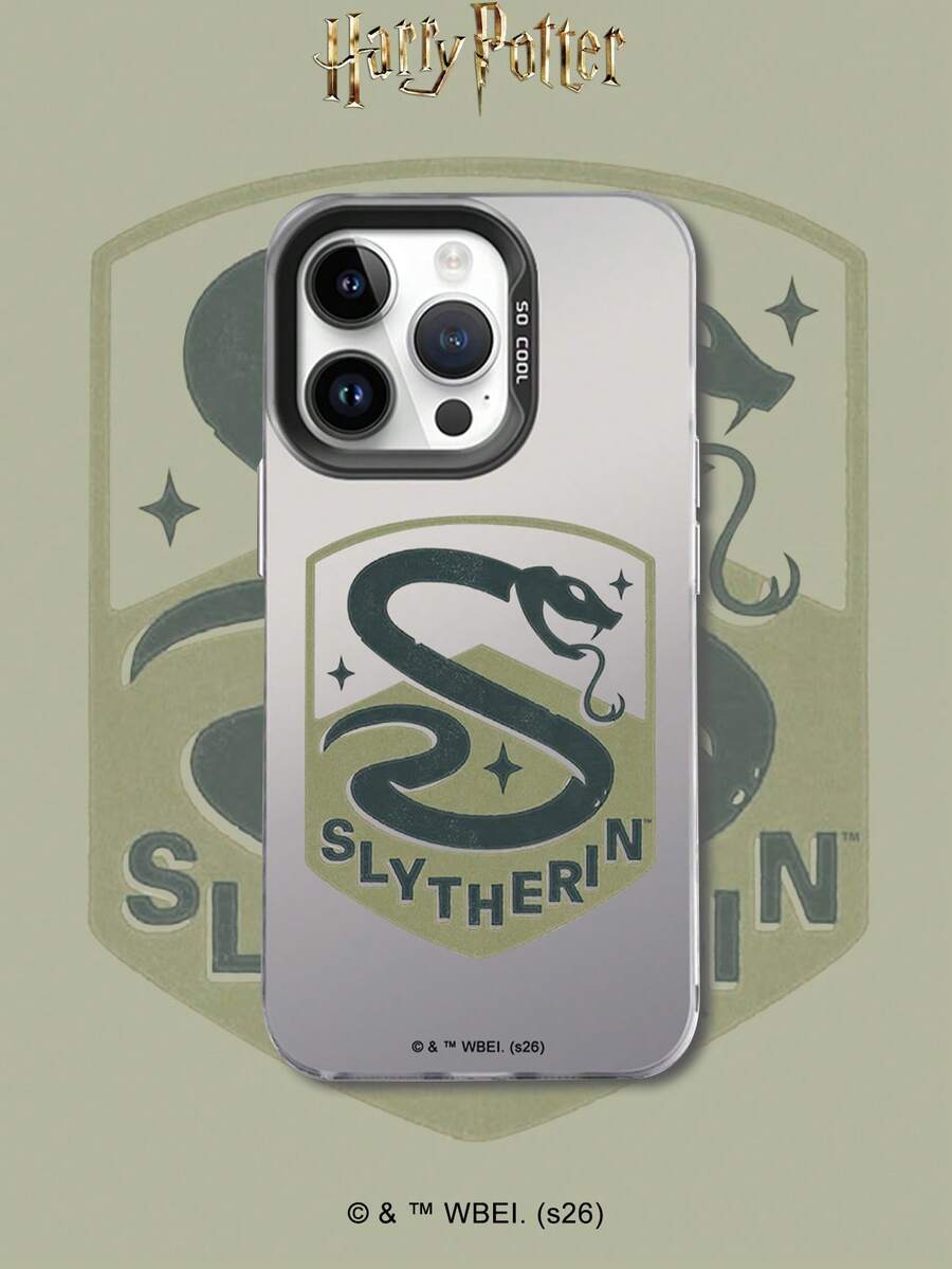 HARRY POTTER X SHEIN Funda de teléfono Harry Potter Slytherin con escudo, insignia de serpiente, letra S, elemento estrella, vitalidad, color negro, a prueba de golpes y caídas, cubierta protectora compatible con iPhone 13/14/15/15Pro/16/16Pro/17Pro, estilo de moda popular talla grande vendido - Multicolor - Ver 1