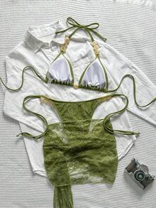Swim SXY 夏季海灘女款三件套針織網眼三角掛脖繫繩串珠上衣比基尼泳褲網眼迷你裙性感海灘裝泳衣套裝 - 綠色 - 查看 2