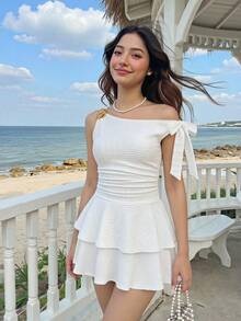 SHEIN 青少年女孩斜肩棕色腰帶長洋裝，象牙色單肩中長洋裝，春夏季穿搭，優雅度假派對中長洋裝，夏季假期穿搭，優雅派對，奢華晚宴，海灘度假穿搭，優雅洋裝，奢華晚裝，正式洋裝，奶油色復古洋裝，法式風格洋裝 - 杏色 - 查看 8