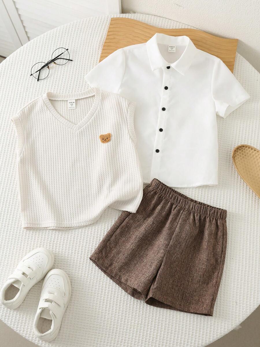 SHEIN 3pcs Young Boys Casual Preppy Vest Shorts Striped Shirt Set, Suitable For Birthday Party, Evening Party, Performance, Wedding, School, Baptism, 1st Birthday Celebration, Baby Shower, Spring, Summer, Autumn