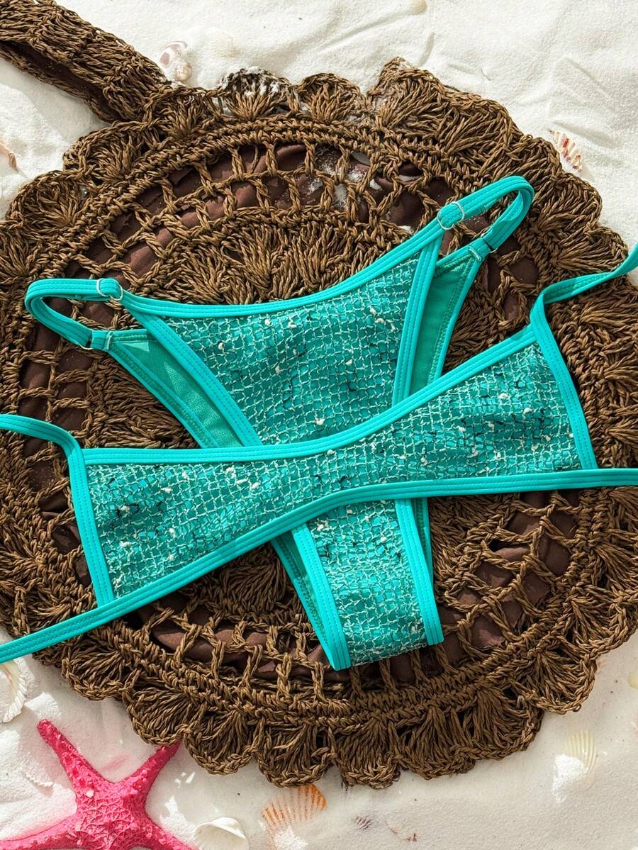 Swim Vcay 2026 Spring/Summer New Lake Blue Glitter Mesh Bikini Set, Adjustable Thin Shoulder Straps, Bandeau Top With Side Ties, High Cut Triangle Bottoms, Sexy Vacation Beach Two-Piece Swimsuit Set - Mint Blue - View 1
