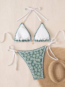 Vaytide Spring/Summer New Women's Two-Piece Beach Bikini Sexy Swimsuit Set With Floral Ruffle Design, Cute And Sweet - Green - View 3