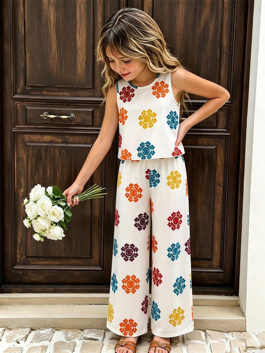 SHEIN Elladie kids 2件/組 女童春夏季新款休閒通勤編織圖案印花V領無袖寬鬆背心上衣與收腰編織寬鬆長褲，日常休閒外出兩件套