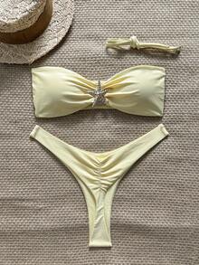 Swim Mod 女款夏季素色細肩帶海星金屬飾品高衩性感比基尼套裝 - 黃色 - 查看 1