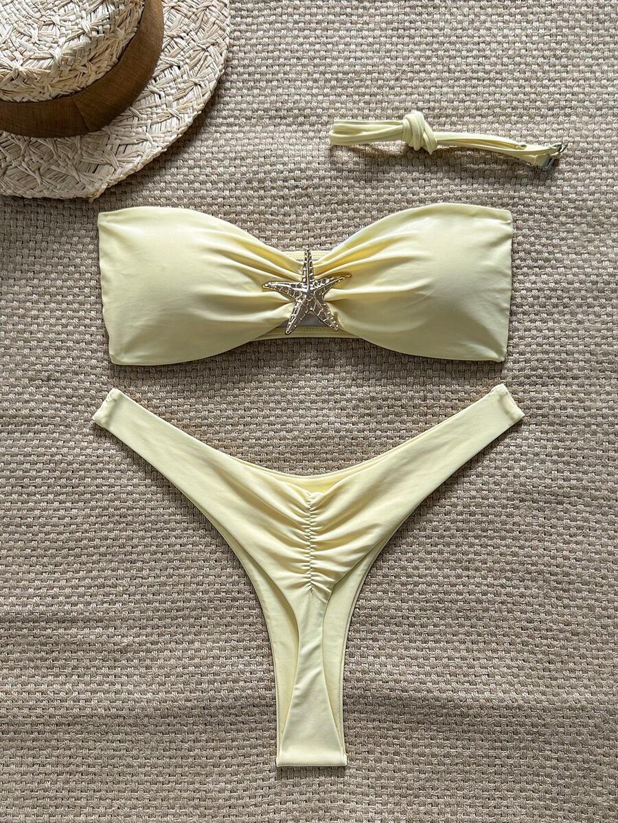 Swim Mod 女款夏季素色細肩帶海星金屬飾品高衩性感比基尼套裝 - 黃色 - 查看 1