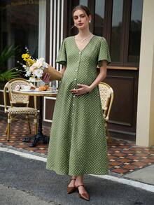 Momance Vestido de maternidad casual con estampado de lunares, manga larga con volantes y abertura - Verde Oliva - Ver 7