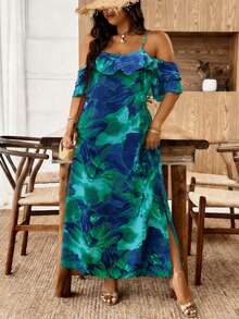 Breezaya Vestido de vacaciones para mujer de talla grande con estampado floral, dobladillo con volantes y abertura lateral, primavera/verano/otoño - Multicolor - View 5