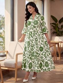 Auveirra Große Größen Damen Kleid mit Blume Muster, weitem Ärmel und Rüschensaum für den Strand - Verschiedenfarbig - Übersicht 6
