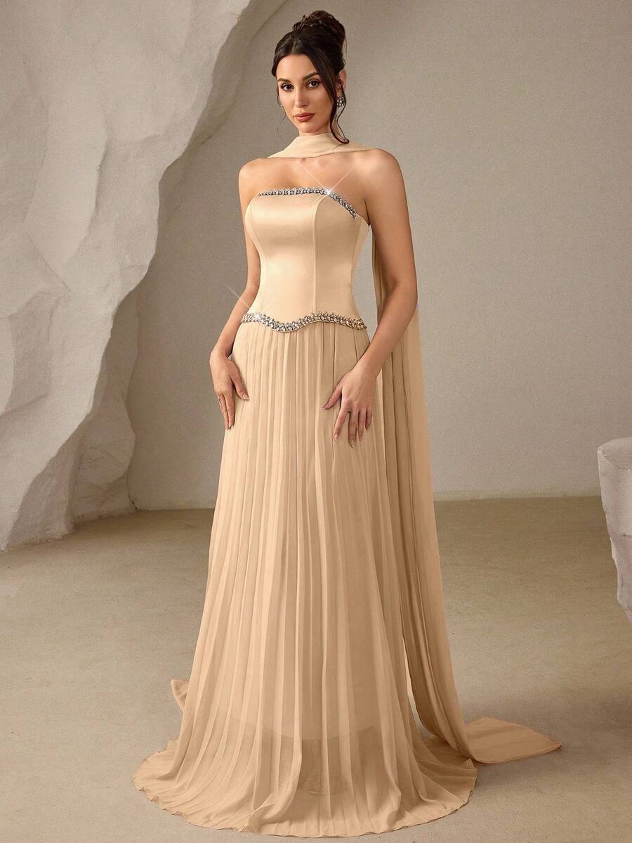 Coutiva 女款無肩帶水鑽裝飾百褶優雅收腰晚禮服長裙