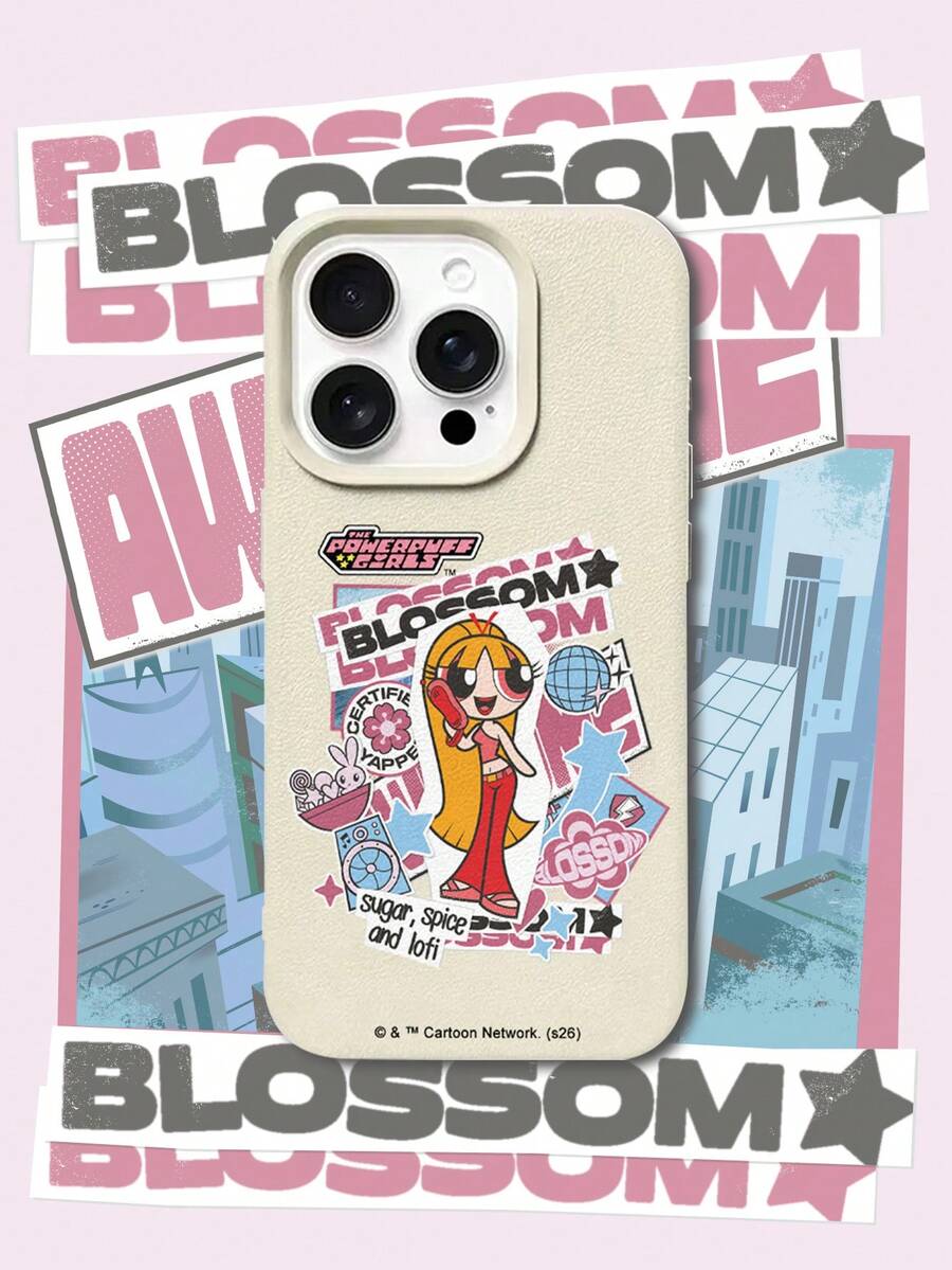 THE POWERPUFF GIRLS X SHEIN The Powerpuff Girls Blossom 卡通貼紙圖案星星花朵兔子字母元素皮革紋白色親膚防震防摔保護手機殼,適用於 Apple iPhone 13/14/15/15Pro/16/16Pro/17Pro,熱銷日常美感保護殼 - 彩色 - 查看 1