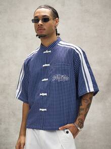 PAVTROS Men's Navy Blue Plaid Chinese Frog Button Boxy Cropped Short Sleeve Shirt,Side Stripes Embroidery Streetwear Summer Vacation Gift For Him - Navy Blue - View 3